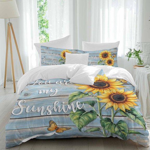 Vintage Sunflower Comforter Set Twin Size, You Are My Sun Shine Butterfly Blue Wood Board Soft Bedding Set for Man Woman, 4 Pieces Duvet Cover Set with Fitted Sheet, 2 Pillowcases