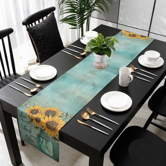 Vintage Sunflower Cotton Linen Table Runner 18 x 72 inch Teal Retro Summer Botanical Floral Non-slip Rectangular Dining Table Decor for Wedding Party Holiday Dinner