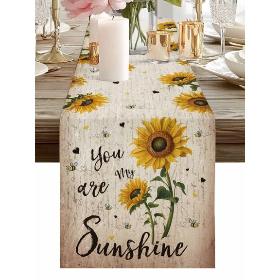Vintage Sunflower Country Leaves Table Runner-36 Inch Long My Sunshine Quote Table Runners Linen Burlap Tablerunner for Kitchen Dining Room Holiday Party