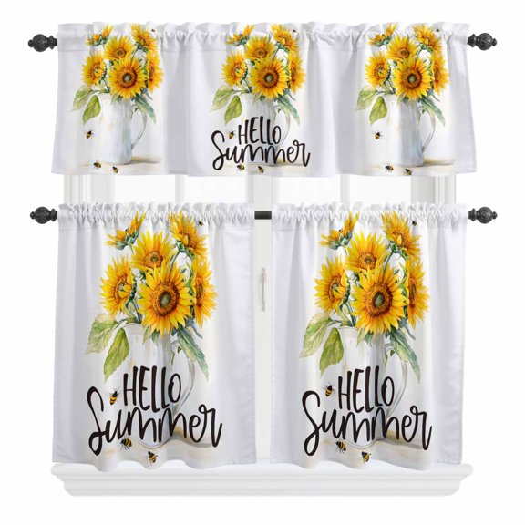 Vintage Sunflower Curtain Valances Set Hello Summer Bee Yellow Floral Kitchen Curtains 36&nbsp;inch Length Rod Pocket Valance and Tiers 3 Piece Set Small Bedroom Bathroom Laundry Decor