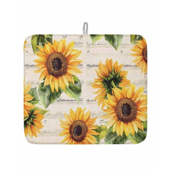 Vintage Sunflower Dish Drying Mat 16x18 inch Watercolor Flowers Summer Farmhouse Super Absorbent Microfiber Dish Drying Pad for Kitchen Countertops Sink Dish Drainer Racks Coffee Bar Mats 1 Pack