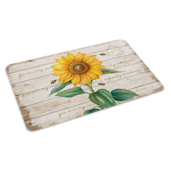Vintage Sunflower Doormat Yellow Floral Bee Wood Grain Farmhouse Non Slip Low Profile Rubber Door Mat Washable Absorbent Indoor Front Door Mat Entryway Rug Entrance Carpet 18x30 Inch