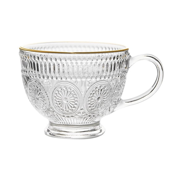 Vintage Sunflower Embossed Glass Cup with Gold Rim, 14 Oz Clear Glass Mug with Handle for Coffee, Milk, Tea, Beverages