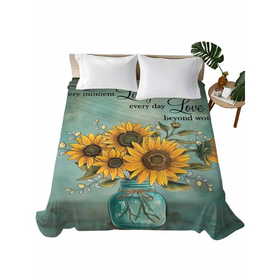 Vintage Sunflower Flat Sheets Only Queen Size, Soft Breathable Bed Top Sheets for Mattress, Teal Retro Summer Botanical Floral Luxury Bedding Flat Sheets for Home Hotel Bedroom Bed Protection