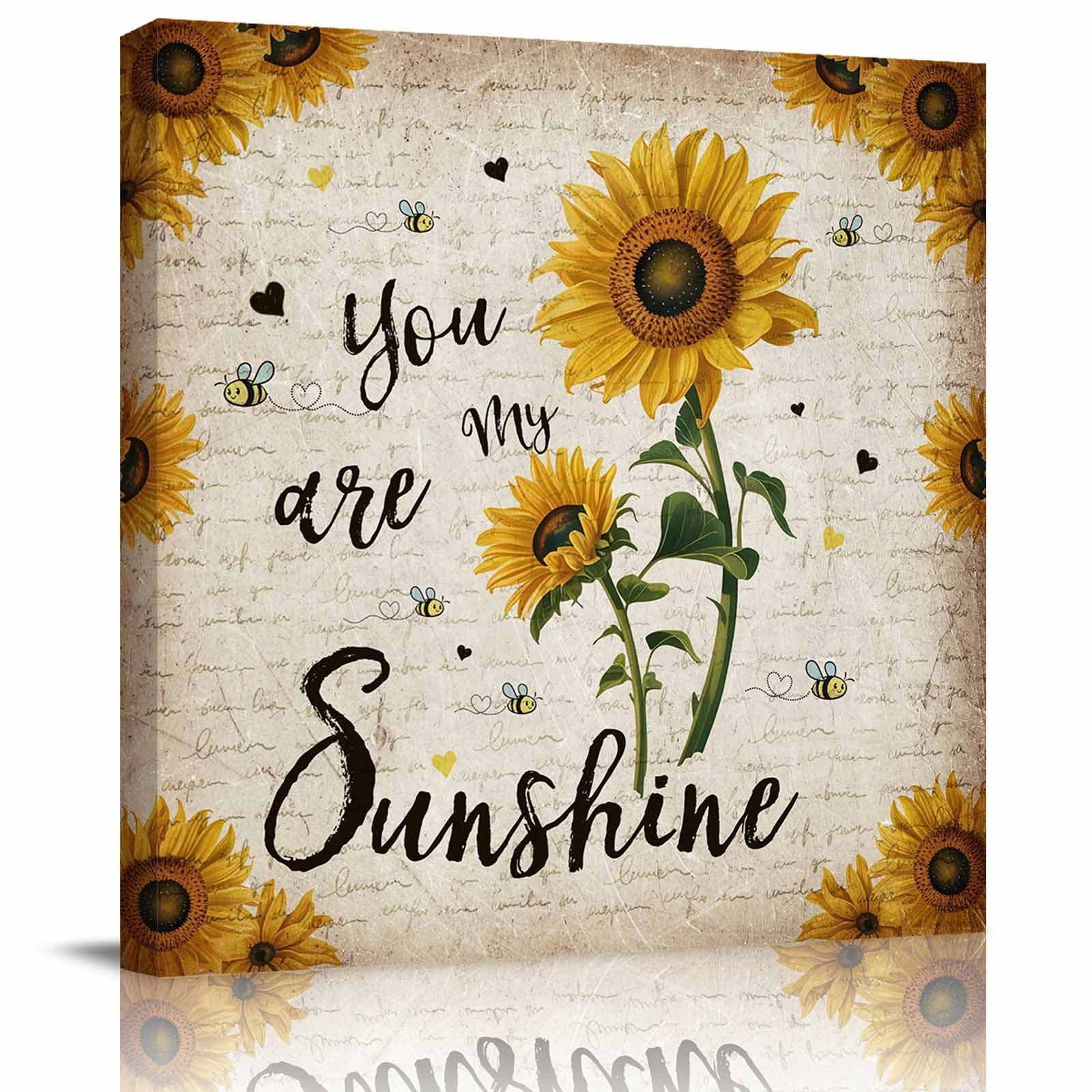 Vintage Sunflower Framed Canvas Wall Art, You Are My Sunshine Floral Bee Beige Letter Wall Art Painting for Living Room Bedroom Home Decor, 16”x16”, Office Artwork Print