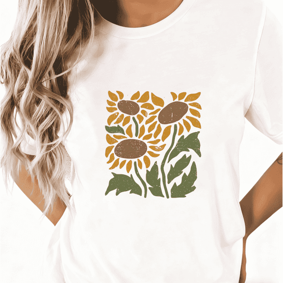 Vintage Sunflower Graphic Comfortable Tee T-Shirt Print Top Short Sleeve Round Neck White S-5XL