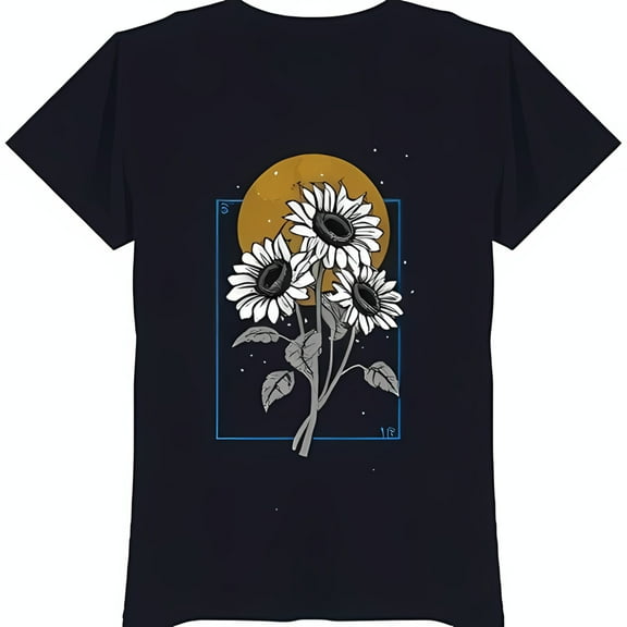 Vintage Sunflower Graphic on Black T-Shirt Bold Yellow Sun Design