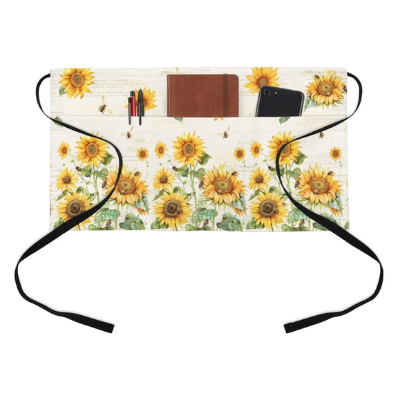 Vintage Sunflower Half Waist Apron Bee Beige Letter Country Farmhouse Short Waiter Aprons with 3 Pockets for Women Men Kitchen Restaurant Cooking