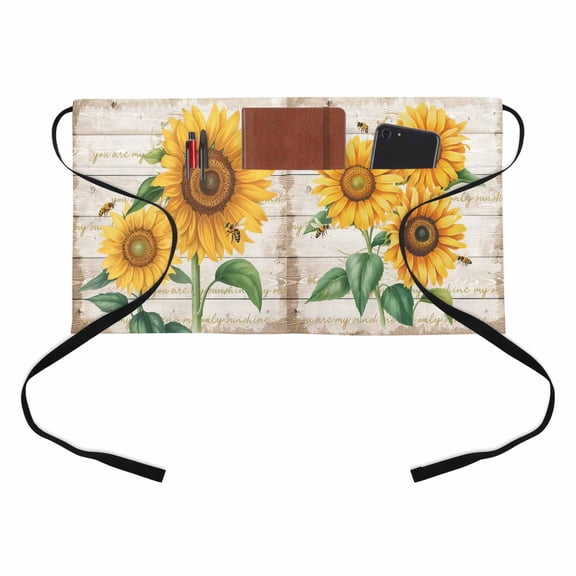 Vintage Sunflower Half Waist Apron Yellow Floral Bee Farm Wood Grain Short Waiter Aprons with 3 Pockets for Women Men Kitchen Restaurant Cooking