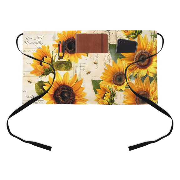Vintage Sunflower Half Waist Apron Yellow Flower Leaf Bee Newspaper Short Waiter Aprons with 3 Pockets for Women Men Kitchen Restaurant Cooking