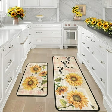Vintage Sunflower Home Sweet Home Kitchen Rugs Set 2Pcs Non Slip Kitchen Floor Rug and Mat Cushioned Kitchen Runner Rug Comfort Soft Standing Area Mat Carpets Farmhouse Doormat 17"x47"+17"x30"