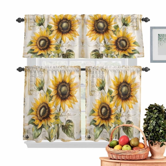 Vintage Sunflower Kitchen Curtains Valances 3 Piece Set, Rustic Yellow Floral Flower Leaf Newspaper Texture Rod Pocket Tier Curtain and Valance Drapes for Small Window 36 Inch Length for Bedroom Cafe