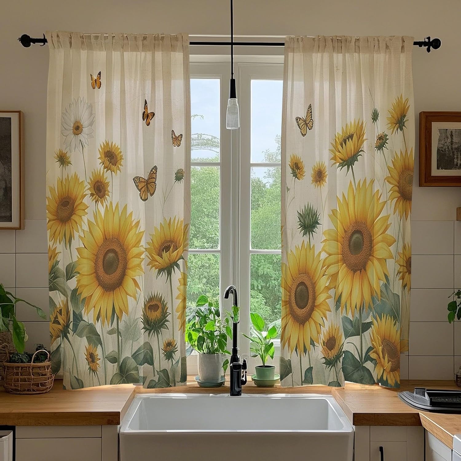 Vintage Sunflower Kitchen Curtains Yellow Flower Butterfly Small Short ...