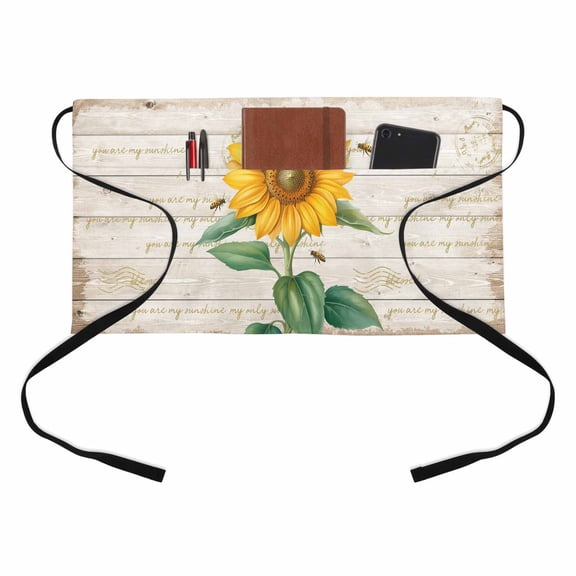 Vintage Sunflower Kitchen Restaurant Half Waist Apron, Yellow Floral Bee Wood Grain Farmhouse Server Short Apron with 3 Pockets Waterproof Oil Waist Aprons for Women Waitress Waiter