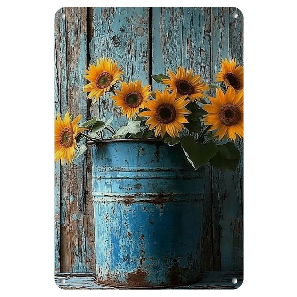 Image showcasing Vintage Sunflower Metal Tin Sign - Rustic Farmhouse Kitchen Wall Decor ...