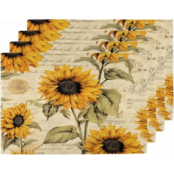 Vintage Sunflower Newspaper Floral Placemats Set of 4 Decorative Dinner Place Mats Washable Table Mat for Gifts, Holiday, Birthday Party, Wedding & Dining