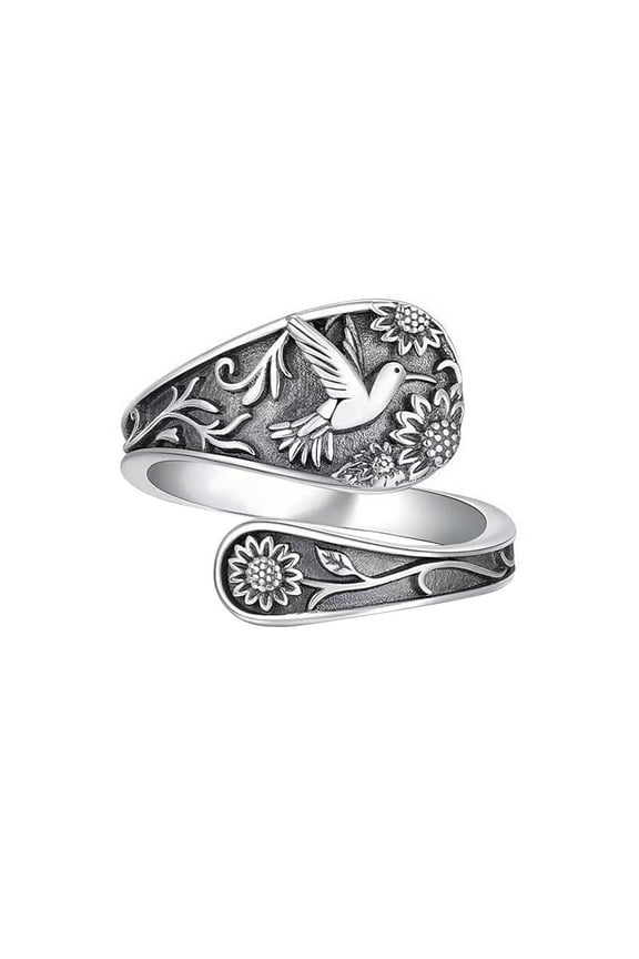 Vintage Sunflower Open Ring for Women Bird Pattern Index Finger Ring Versatile Floral Retro Finger Band Elegant Daily Wear Style, Spring Fashion Jewelry Ornament