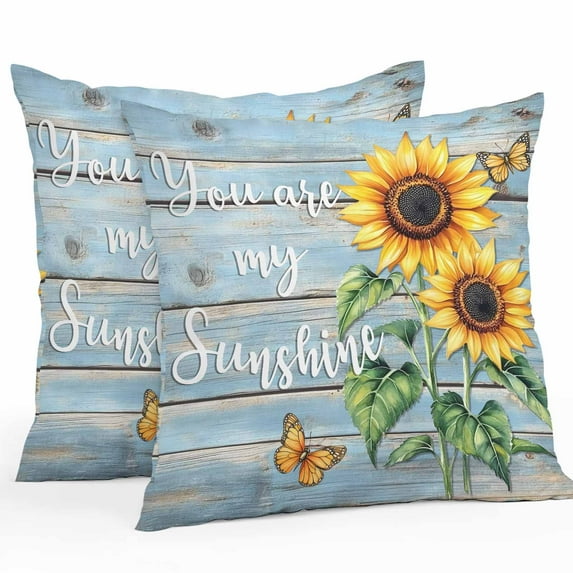 Vintage Sunflower Outdoor Pillow Covers Pack of 2 You Are My Sun Shine Butterfly Blue Wood Board Waterproof Throw Pillow Covers Decorative Cushion Cases for Patio Garden Tent Balcony Couch 18x18 inch