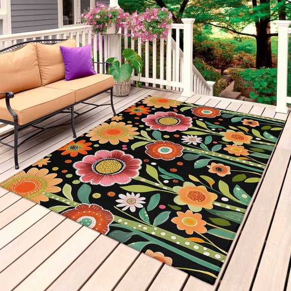Vintage Sunflower Outdoor Rug for Patio/Deck/Porch, Non-Slip Large Area Rug 5 x 7 Ft, Black Boho Summer Botanical Indoor Outdoor Rugs Washable Area Rugs, Reversible Camping Rug Carpet Runner