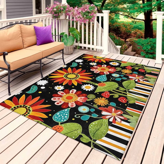 Vintage Sunflower Outdoor Rug for Patio/Deck/Porch, Non-Slip Large Area Rug 5 x 7 Ft, Summer Botanical Flower Farmhouse Indoor Outdoor Rugs Washable Area Rugs, Reversible Camping Rug Carpet Runner