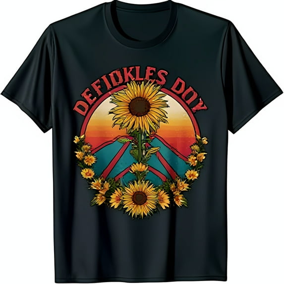 Vintage Sunflower Peace Sign T-Shirt Black Tee with Sunset Design Defidkle s Doy Text