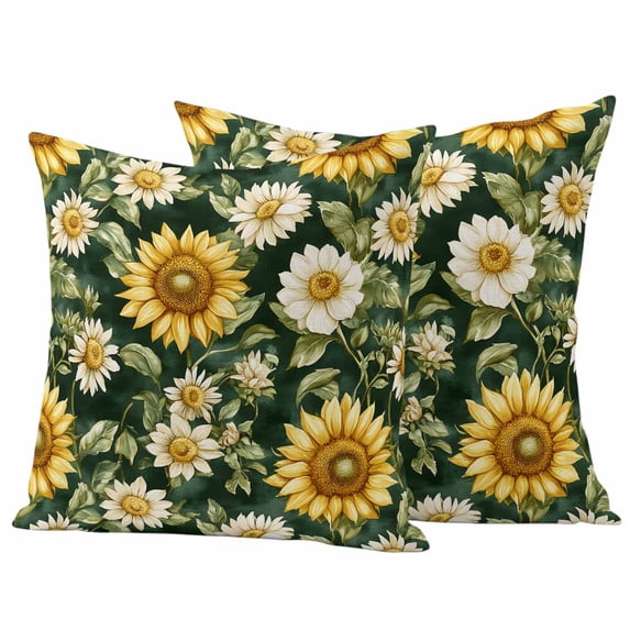 Vintage Sunflower Pillow Covers 2 Pack Country White Yellow Floral Green Leaf Pillowcase Waterproof Outdoor Throw Pillow Cover for Patio Garden Square Cushion 24”x24”