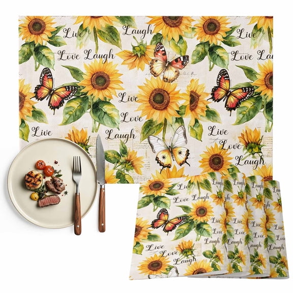 Vintage Sunflower Placemats Set of 4, Inspirational Quotes Live Love Laugh Table Mats Washable Heat-Resistant Non-Slip Place Mats for Kitchen Dinner Table Indoor Outdoor Decor,13x19 Inch