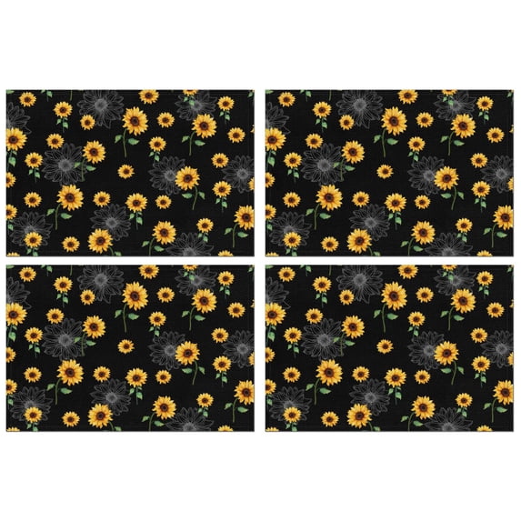 Vintage Sunflower Placemats Set of 4, Machine Washable Heat Resistant Linen Table Mats with Boho Floral Pattern Featuring Rustic Butterflies, Bees, and Yellow Blooms