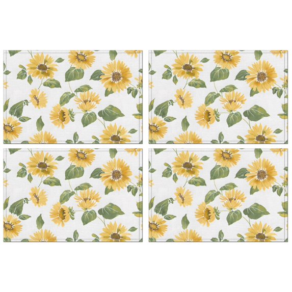 Vintage Sunflower Placemats Set of 4, Machine Washable Heat Resistant Linen Table Mats with Boho Floral Pattern Featuring Yellow Blooms and Rustic Bees and Butterflies