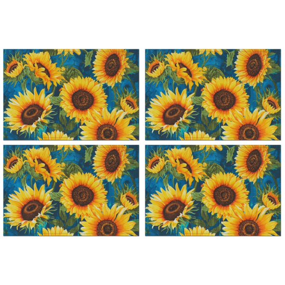 Vintage Sunflower Placemats Set of 4, Machine Washable Heat Resistant Linen Table Mats with Boho Floral Pattern Featuring Yellow Blooms and Rustic Bees and Butterflies