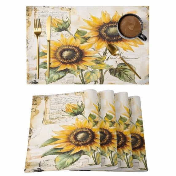 Vintage Sunflower Placemats Set of 4, Rustic Yellow Floral Flower Leaf Newspaper Texture Non-Slip Place Mats Washable Table Mats for Kitchen Dining Table Decorations Indoor/Outdoor