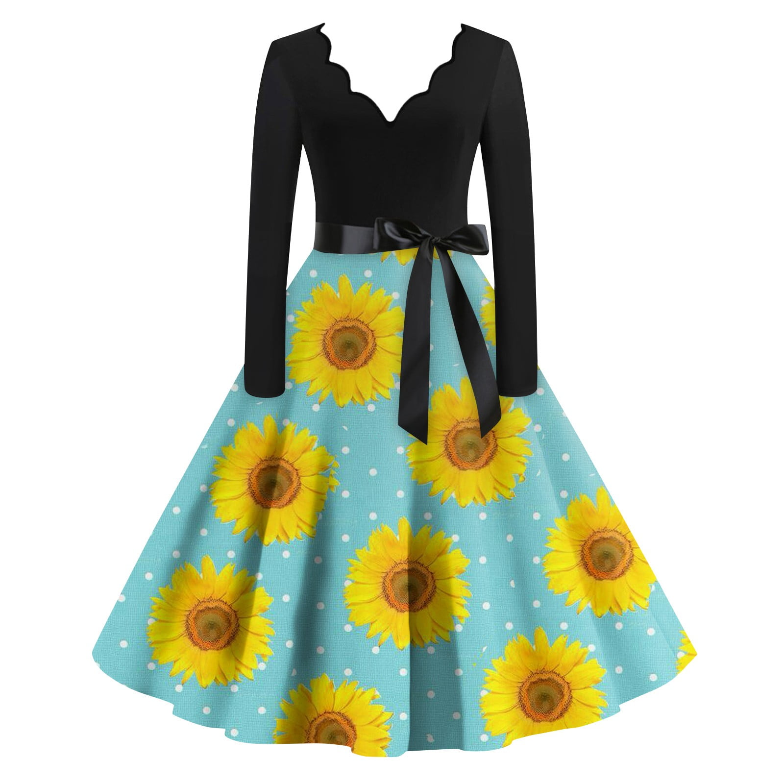 Vintage Sunflower Print Dress for Women Long Sleeve V-Neck Floral