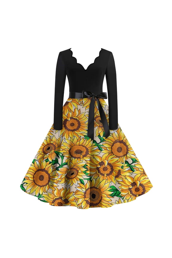 Vintage Sunflower Print Dress for Women Long Sleeve V-Neck Floral A-Line Midi Dress with Bow Belt