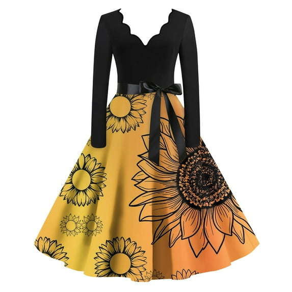 Vintage Sunflower Print Dress for Women Long Sleeve V-Neck Floral A-Line Midi Dress with Bow Belt