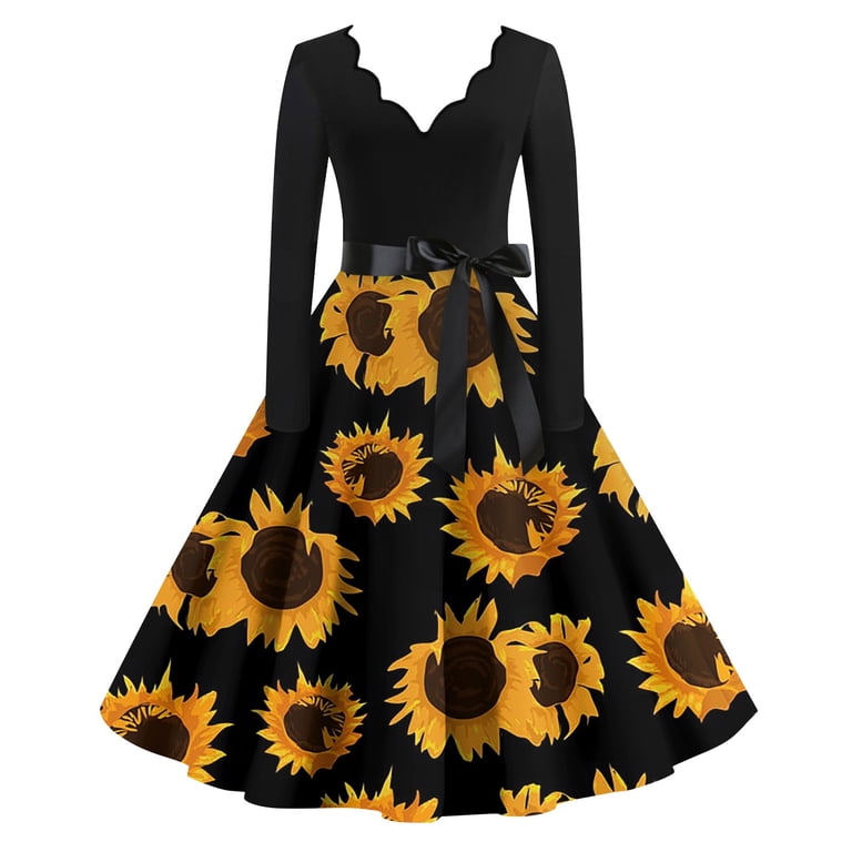 Vintage Sunflower Print Dress for Women Long Sleeve V-Neck Floral 