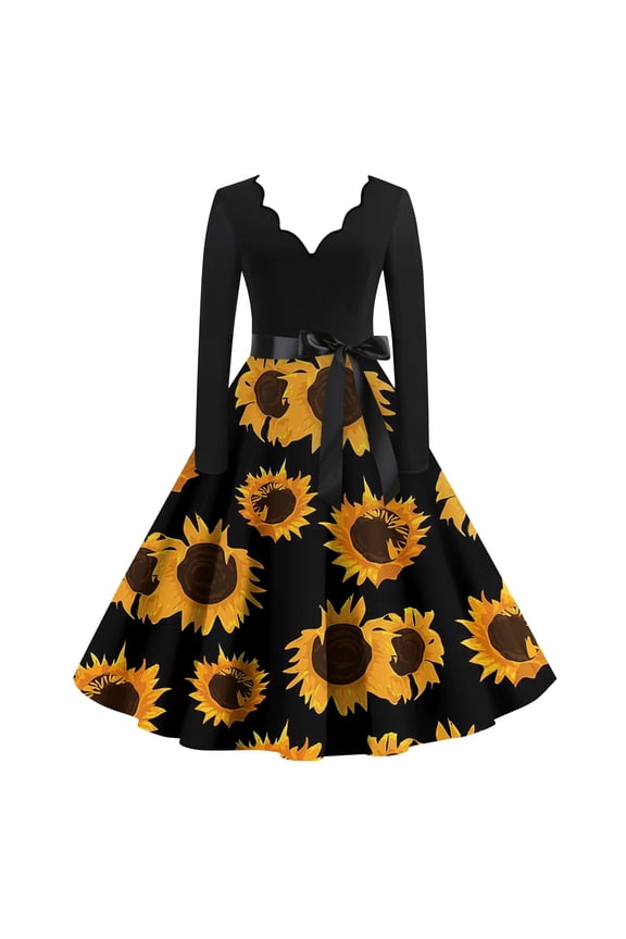 Vintage Sunflower Print Dress for Women Long Sleeve V-Neck Floral A-Line Midi Dress with Bow Belt