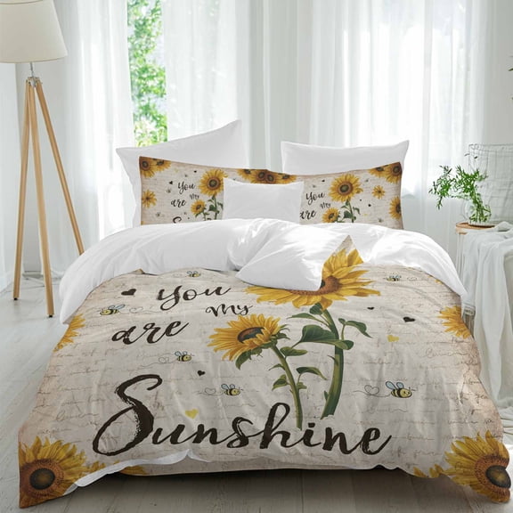 Vintage Sunflower Queen Size Comforter Set, You Are My Sunshine Floral Bee Beige Letter Bedding for All Seasons, 4 Pcs Bed Set, 1Quiltcover (90"x92") ,1Sheet(94"x116"), 2Pillowcases (30"x20")