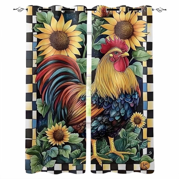 Vintage Sunflower Rooster Blackout Curtains for Bedroom Living Room Darkening Curtains 84 Inch Length 2 Panels Set Farmhouse Watercolor Plaid Window Curtain Window Treatment Grommet Drapes 42"x84"