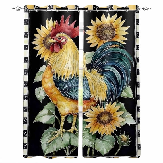 Vintage Sunflower Rooster Blackout Curtains for Bedroom/Living Room, Thermal Insulated Kitchen Curtains, Pastoral Watercolor Buffalo Grommet Darkening Window Treatment Drapes 42"x63"x2