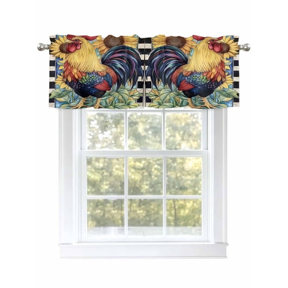 Vintage Sunflower Rooster Curtain Valances for Windows, Pastoral Watercolor Plaid Kitchen Valance Window Treatment, Light Filtering Block Curtains for Bathroom/Bedroom/Living Room 54'' x 18''