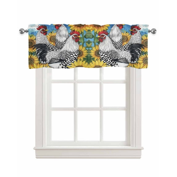 Vintage Sunflower Rooster Kitchen Valances for Windows Farmhouse Linen Window Valance Curtain for Living Room Window Treatment Summer Floral Farmhouse Valance Rod Pocket Topper Drape, 42 x 12 Inch