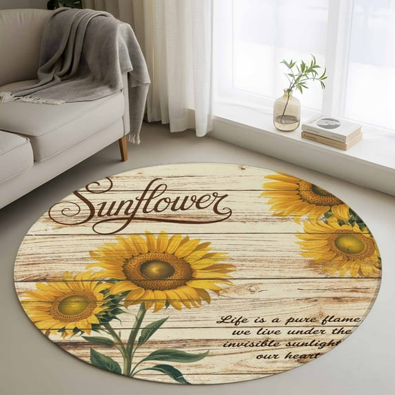 Vintage Sunflower Round Area Rug 3Ft Washable Small Circle Rugs for Kitchen Entryway, Flowers Botanical Wooden Retro Art Non-Slip Carpet Floor Mats Indoor Outdoor Carpet Runner Aesthetic Home Decor