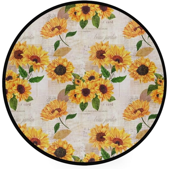 Vintage Sunflower Round Area Rug Floral Sunflower Non Slip Absorbent Comfort Round Rug Floor Carpet for Entryway Living Room Bedroom Sofa Home Decor, 36 inch