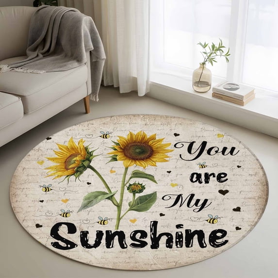 Vintage Sunflower Round Rugs for Living Room 4ft You Are My Sunshine Distressed Farmhouse Non Slip Circle Rug Washable Low-Profile Indoor Carpet for Bedroom, Dining Room, Bathroom