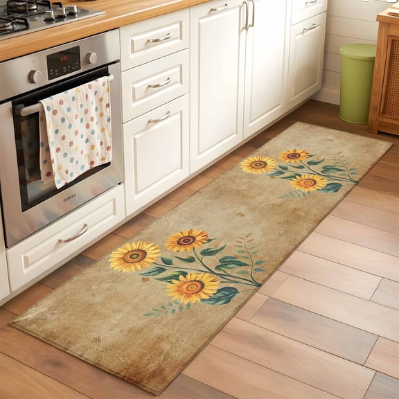 Vintage Sunflower Runner Rugs 2x6 ft Flower Brown Botanical Country Washable Hallway Rugs Non-Slip Floor Mats Absorbent Carpet Bedside Runners for Bedroom Kitchen Bathroom Laundry Room