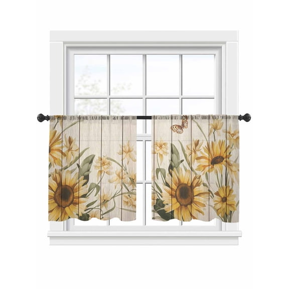 Vintage Sunflower Sheer Curtains 2 Panels Set Watercolor Butterfly Wood Grain Plants Sheer Window Curtains Light Filtering Rod Pocket Voile Drapes for Bedroom Living Room 52"x45"