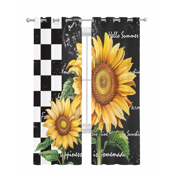 Vintage Sunflower Sheer Curtains 84 Inch Length 2 Panels Set for Living Room/Bedroom, Yellow Flowers Retro Art Black White Plaid Kitchen Curtains Grommet Curtains Window Treatments 52"x84"x2