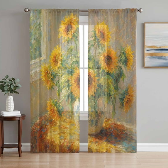 Vintage Sunflower Sheer Curtains 96 Inch Length 2 Panels Set, Farmhouse Vintage Oil Painted Voile Window Treatment Semi Sheer Long Curtains Drapes for Bedroom/Living Room/Kitchen 52"x96"x2