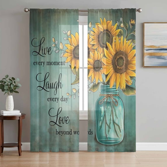 Vintage Sunflower Sheer Curtains 96 Inch Length 2 Panels Set, Teal Retro Summer Botanical Floral Voile Window Treatment Semi Sheer Long Curtains Drapes for Bedroom/Living Room/Kitchen 52"x96"x2