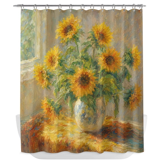 Vintage Sunflower Shower Curtain - Water Repellent Fabric Shower Curtains Washable, Farmhouse Vintage Oil Painted Decorative Polyester Cloth Bathroom Curtains Modern Bath Decor 72"x84"